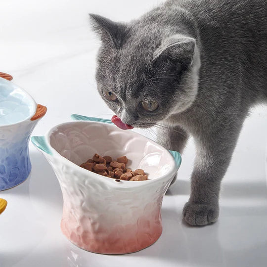Raised Tilted Ceramic Cat Bowl - Cute Elevated Slanted Shallow Angled Cat Dish - Personalized Pet Feeder for Food Feeding - Size for Cat and Small Dog